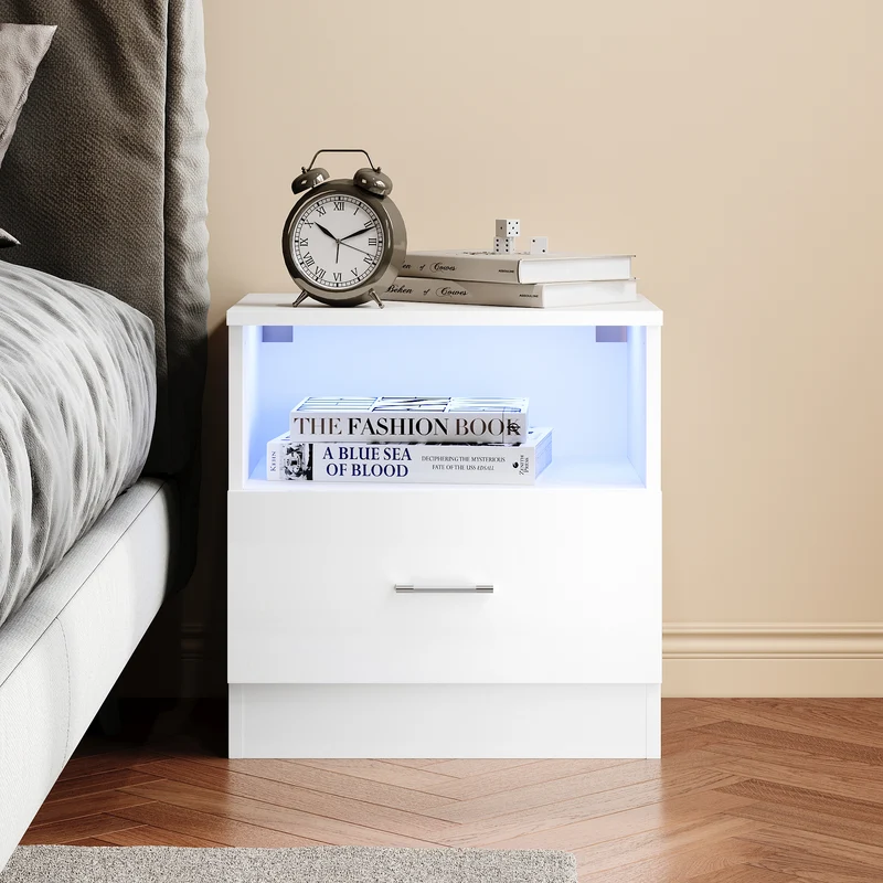 SIRHONA Table de chevet avec éclairage LED couleurs ajustables table de canapé avec tiroirs et compartiment ouvert table de chevet pour chambre à coucher Blanc 45 x 35 x 46.5 cm