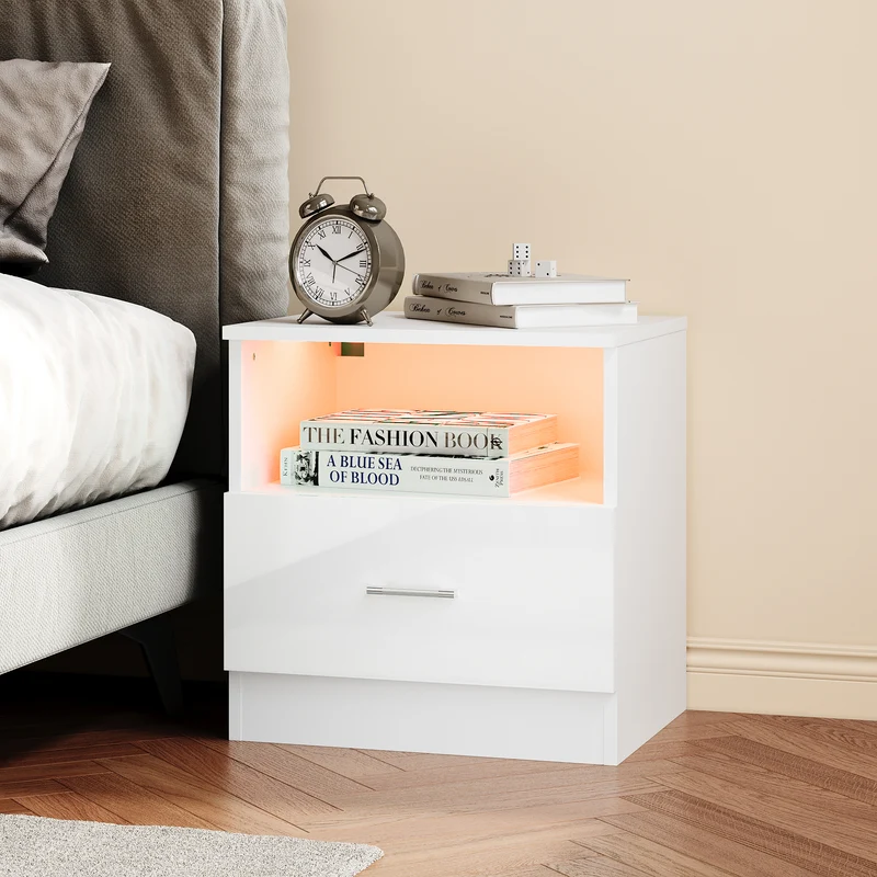 SIRHONA Table de chevet avec éclairage LED couleurs ajustables table de canapé avec tiroirs et compartiment ouvert table de chevet pour chambre à coucher Blanc 45 x 35 x 46.5 cm
