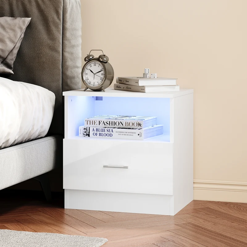 SIRHONA Table de chevet avec éclairage LED couleurs ajustables table de canapé avec tiroirs et compartiment ouvert table de chevet pour chambre à coucher Blanc 45 x 35 x 46.5 cm