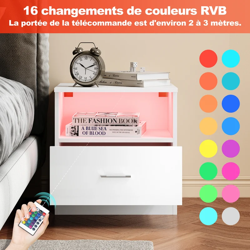 SIRHONA Table de chevet avec éclairage LED couleurs ajustables table de canapé avec tiroirs et compartiment ouvert table de chevet pour chambre à coucher Blanc 45 x 35 x 46.5 cm