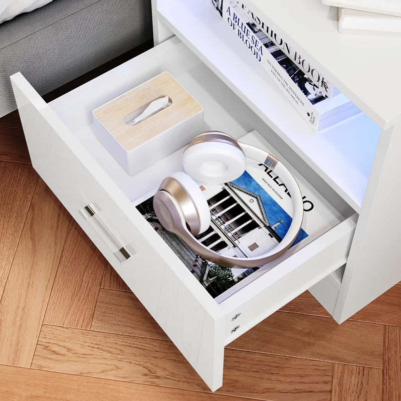 SIRHONA Table de chevet avec éclairage LED couleurs ajustables table de canapé avec tiroirs et compartiment ouvert table de chevet pour chambre à coucher Blanc 45 x 35 x 46.5 cm