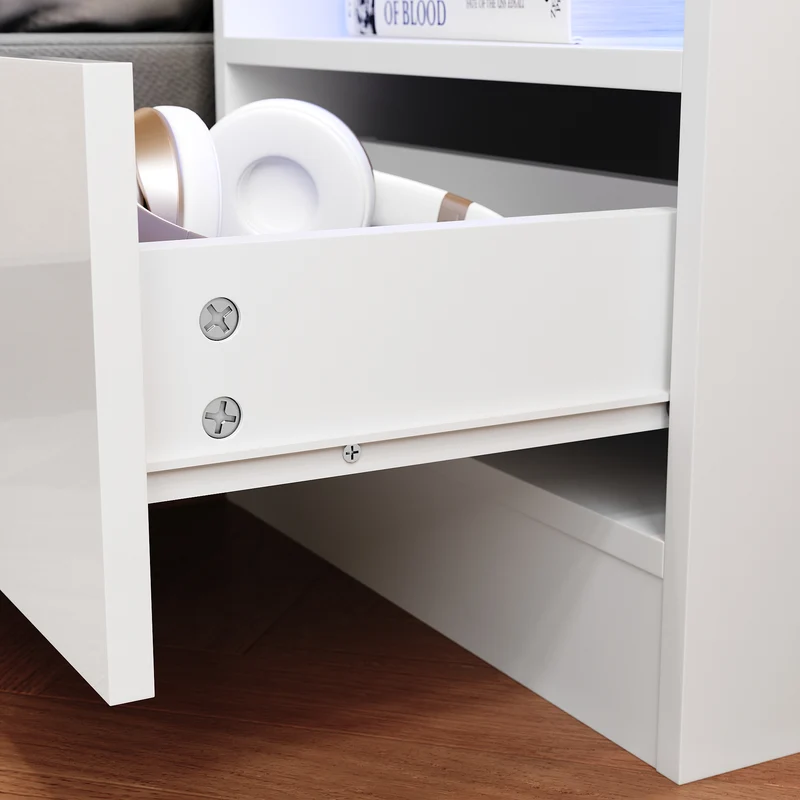 SIRHONA Table de chevet avec éclairage LED couleurs ajustables table de canapé avec tiroirs et compartiment ouvert table de chevet pour chambre à coucher Blanc 45 x 35 x 46.5 cm