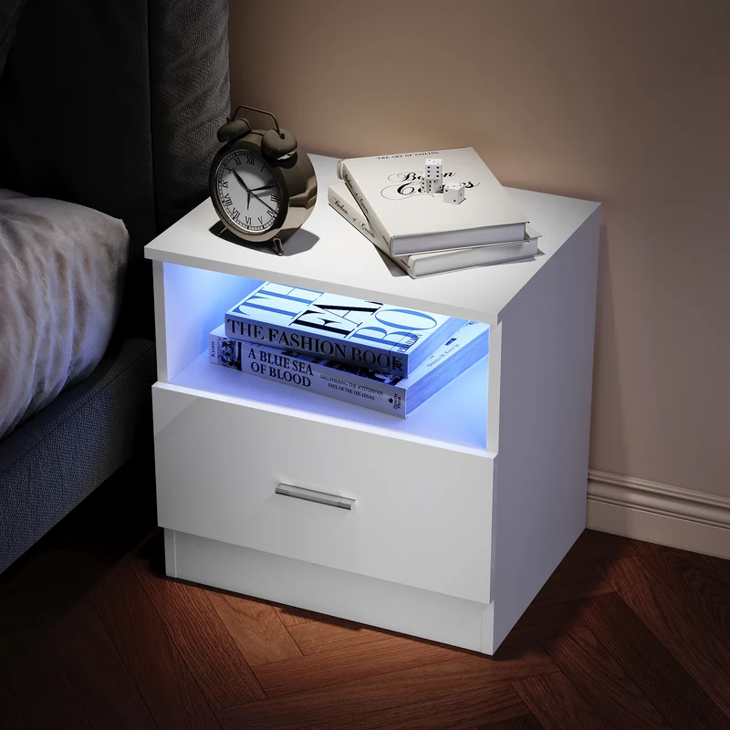 SIRHONA Table de chevet avec éclairage LED couleurs ajustables table de canapé avec tiroirs et compartiment ouvert table de chevet pour chambre à coucher Blanc 45 x 35 x 46.5 cm