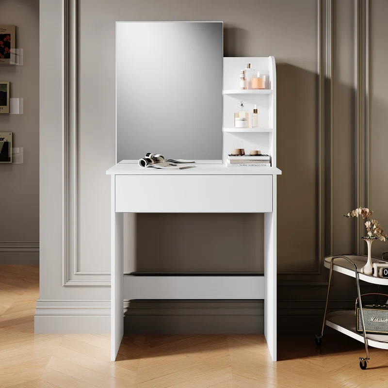SIRHONA Coiffeuse avec Miroir, Table de Maquillage avec Grands Tiroirs et étagères de rangement, Blanc 70x40x140cm