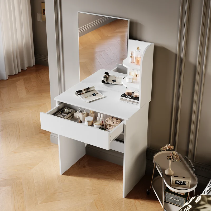 SIRHONA Coiffeuse avec Miroir, Table de Maquillage avec Grands Tiroirs et étagères de rangement, Blanc 70x40x140cm