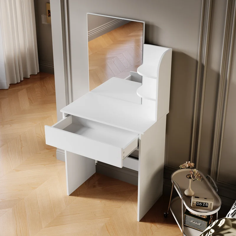 SIRHONA Coiffeuse avec Miroir, Table de Maquillage avec Grands Tiroirs et étagères de rangement, Blanc 70x40x140cm