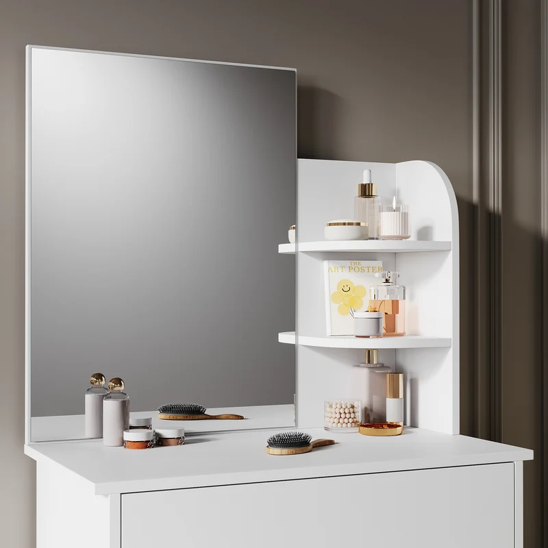 SIRHONA Coiffeuse avec Miroir, Table de Maquillage avec Grands Tiroirs et étagères de rangement, Blanc 70x40x140cm