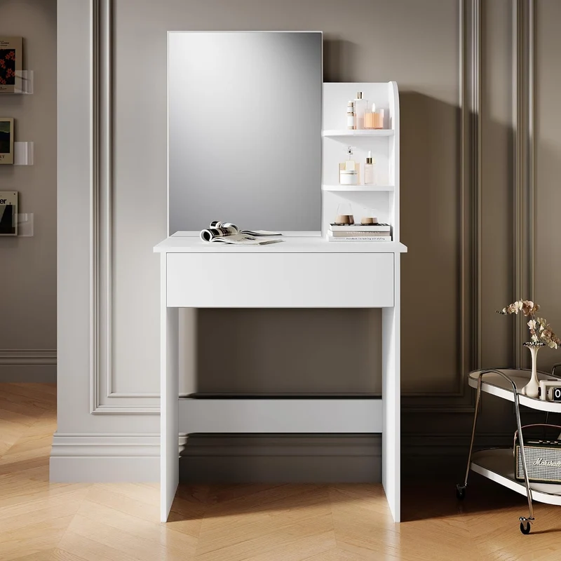 SIRHONA Coiffeuse avec Miroir, Table de maquillage avec 1 tiroir et 3 Compartiments Ouverts, Blanc + 10 Ampoules LED (3 couleurs)