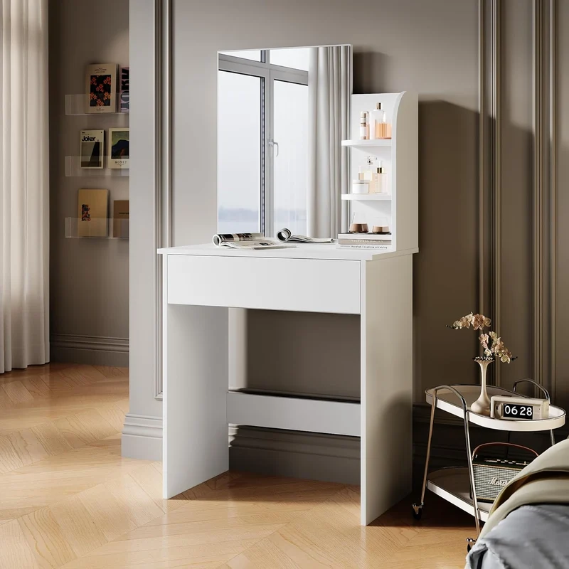 SIRHONA Coiffeuse avec Miroir, Table de maquillage avec 1 tiroir et 3 Compartiments Ouverts, Blanc + 10 Ampoules LED (3 couleurs)