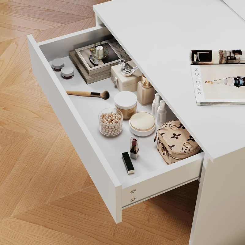SIRHONA Coiffeuse avec Miroir, Table de maquillage avec 1 tiroir et 3 Compartiments Ouverts, Blanc + 10 Ampoules LED (3 couleurs)