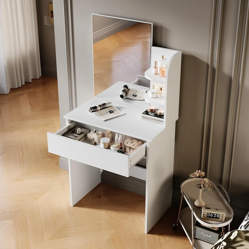 SIRHONA Coiffeuse avec Miroir, Table de maquillage avec 1 tiroir et 3 Compartiments Ouverts, Blanc + 10 Ampoules LED (3 couleurs)
