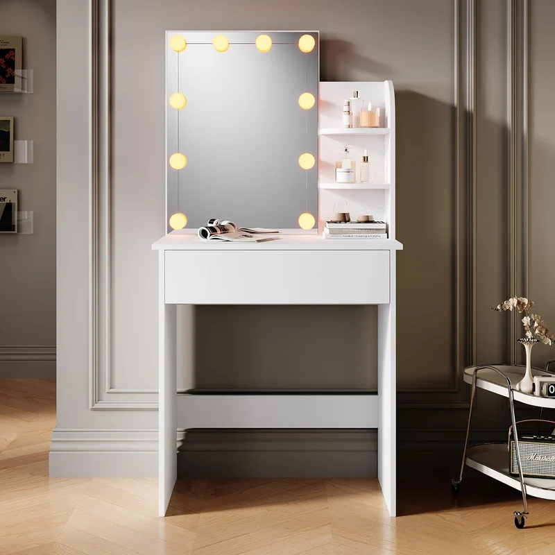 SIRHONA Coiffeuse avec Miroir, Table de maquillage avec 1 tiroir et 3 Compartiments Ouverts, Blanc + 10 Ampoules LED (3 couleurs)