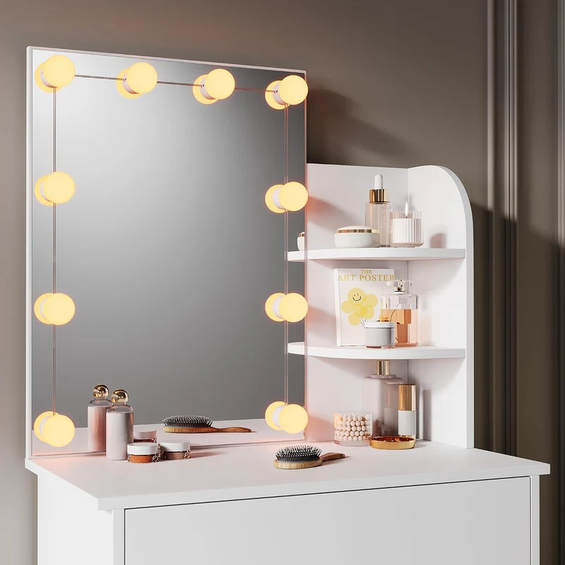 SIRHONA Coiffeuse avec Miroir, Table de maquillage avec 1 tiroir et 3 Compartiments Ouverts, Blanc + 10 Ampoules LED (3 couleurs)