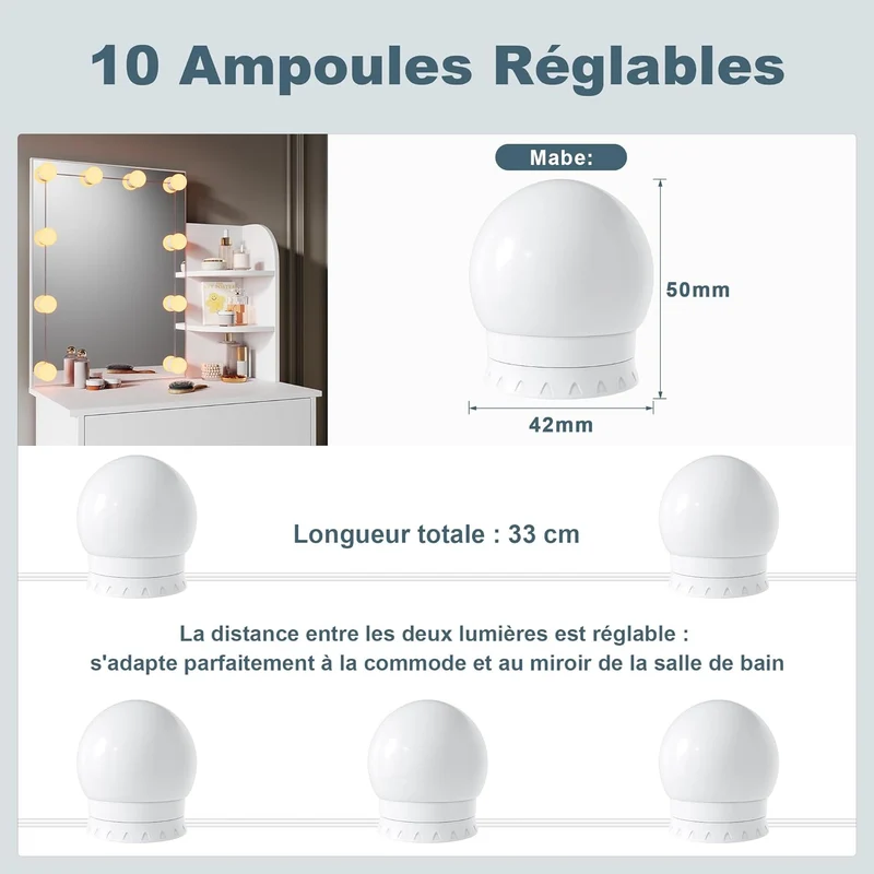 SIRHONA Coiffeuse avec Miroir, Table de maquillage avec 1 tiroir et 3 Compartiments Ouverts, Blanc + 10 Ampoules LED (3 couleurs)