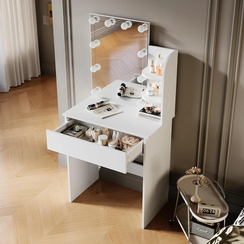 SIRHONA Coiffeuse avec Miroir, Table de maquillage avec 1 tiroir et 3 Compartiments Ouverts, Blanc + 10 Ampoules LED (3 couleurs)