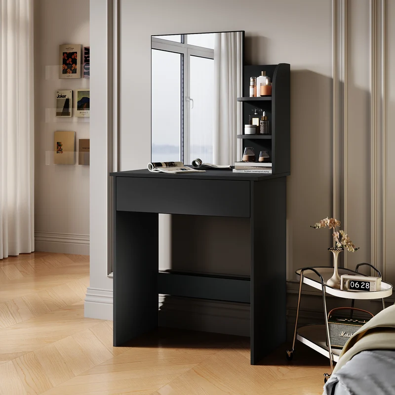 SIRHONA Coiffeuse avec Miroir, Table de Maquillage avec Grands Tiroirs et étagères de rangement, Noir 70x40x140cm
