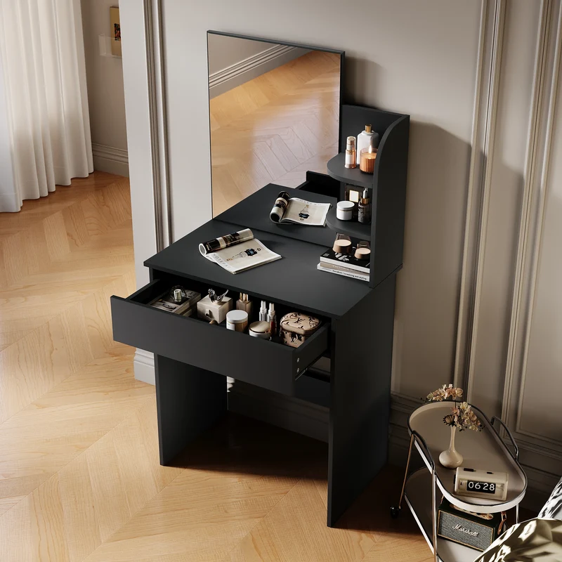 SIRHONA Coiffeuse avec Miroir, Table de Maquillage avec Grands Tiroirs et étagères de rangement, Noir 70x40x140cm