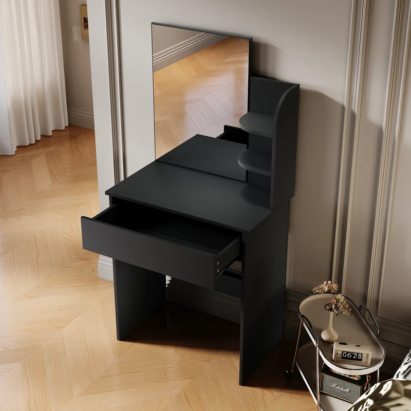 SIRHONA Coiffeuse avec Miroir, Table de Maquillage avec Grands Tiroirs et étagères de rangement, Noir 70x40x140cm