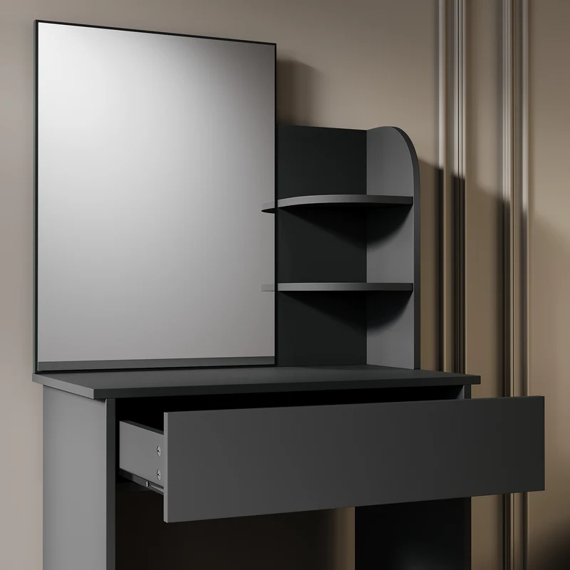 SIRHONA Coiffeuse avec Miroir, Table de Maquillage avec Grands Tiroirs et étagères de rangement, Noir 70x40x140cm