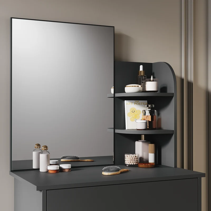 SIRHONA Coiffeuse avec Miroir, Table de Maquillage avec Grands Tiroirs et étagères de rangement, Noir 70x40x140cm