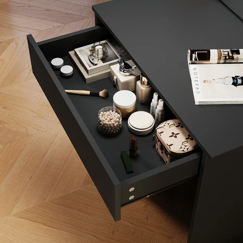 SIRHONA Coiffeuse avec Miroir, Table de Maquillage avec Grands Tiroirs et étagères de rangement, Noir 70x40x140cm