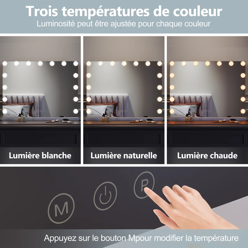 SIRHONA Armoire à Miroir LED Maquillage Lumineux Miroir Maquillage Hollywood avec15 Ampoules 3 Couleurs Lumières Ajustables 58x45.5 cm
