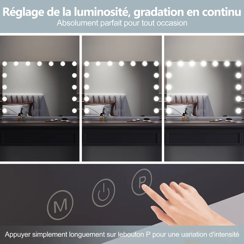 SIRHONA Armoire à Miroir LED Maquillage Lumineux Miroir Maquillage Hollywood avec15 Ampoules 3 Couleurs Lumières Ajustables 58x45.5 cm