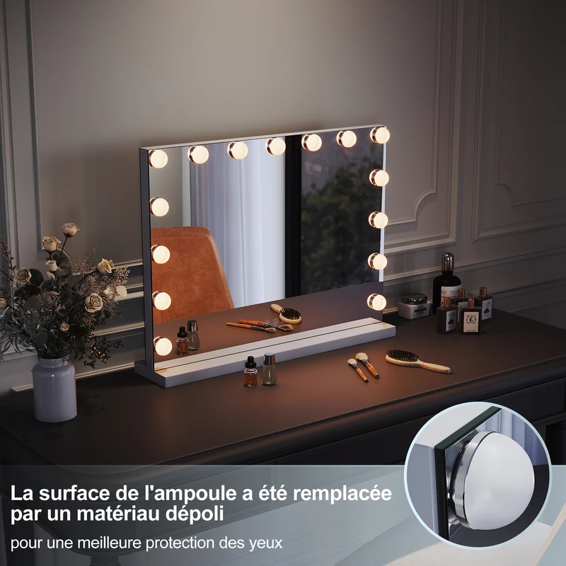 SIRHONA Armoire à Miroir LED Maquillage Lumineux Miroir Maquillage Hollywood avec15 Ampoules 3 Couleurs Lumières Ajustables 58x45.5 cm
