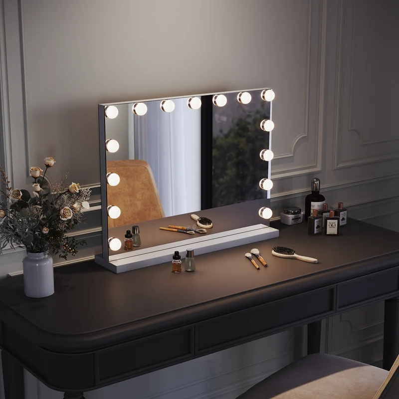 SIRHONA Armoire à Miroir LED Maquillage Lumineux Miroir Maquillage Hollywood avec15 Ampoules 3 Couleurs Lumières Ajustables 58x45.5 cm