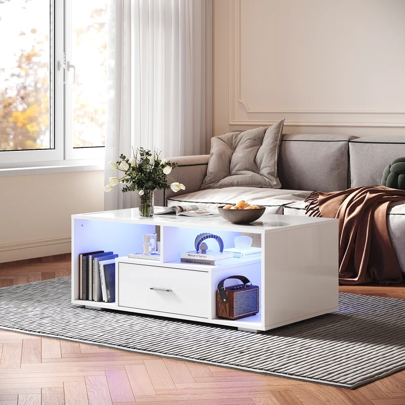 Table basse avec tiroirs de rangement et éclairage LED réglable Disponible en 12 couleurs Blanc 55 x 100 x 40 cm