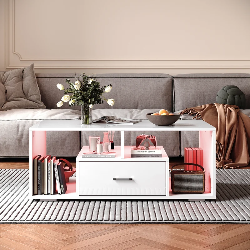 Table basse avec tiroirs de rangement et éclairage LED réglable Disponible en 12 couleurs Blanc 55 x 100 x 40 cm
