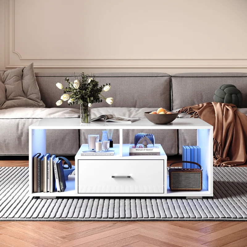Table basse avec tiroirs de rangement et éclairage LED réglable Disponible en 12 couleurs Blanc 55 x 100 x 40 cm
