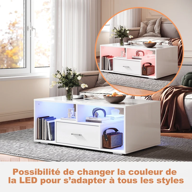 Table basse avec tiroirs de rangement et éclairage LED réglable Disponible en 12 couleurs Blanc 55 x 100 x 40 cm