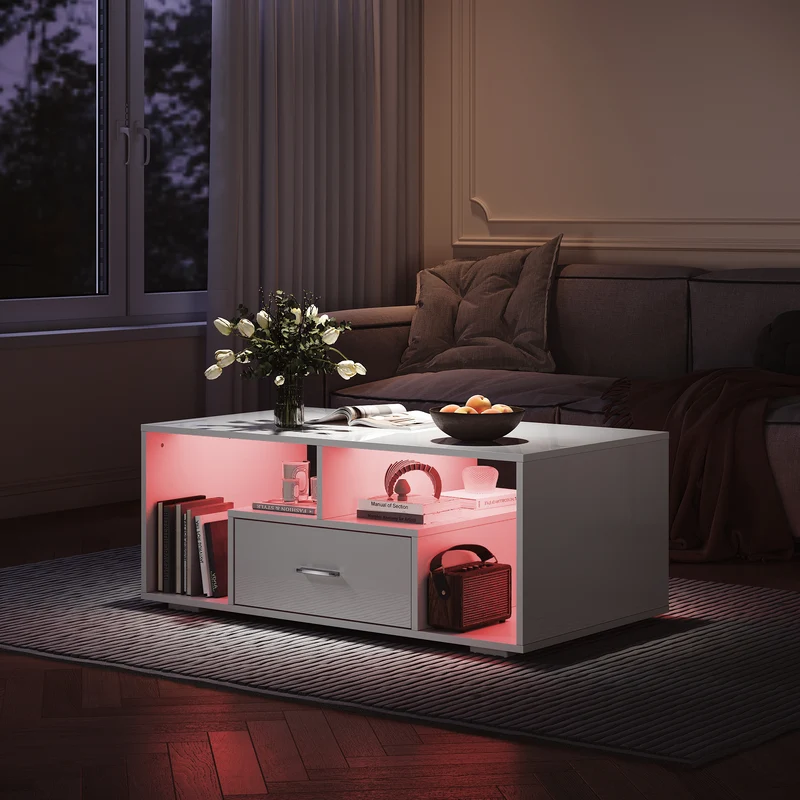 Table basse avec tiroirs de rangement et éclairage LED réglable Disponible en 12 couleurs Blanc 55 x 100 x 40 cm