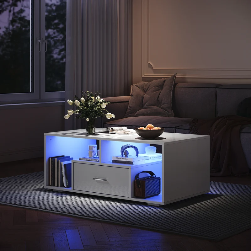 Table basse avec tiroirs de rangement et éclairage LED réglable Disponible en 12 couleurs Blanc 55 x 100 x 40 cm
