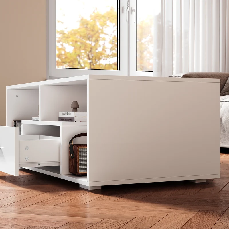 Table basse avec tiroirs de rangement et éclairage LED réglable Disponible en 12 couleurs Blanc 55 x 100 x 40 cm