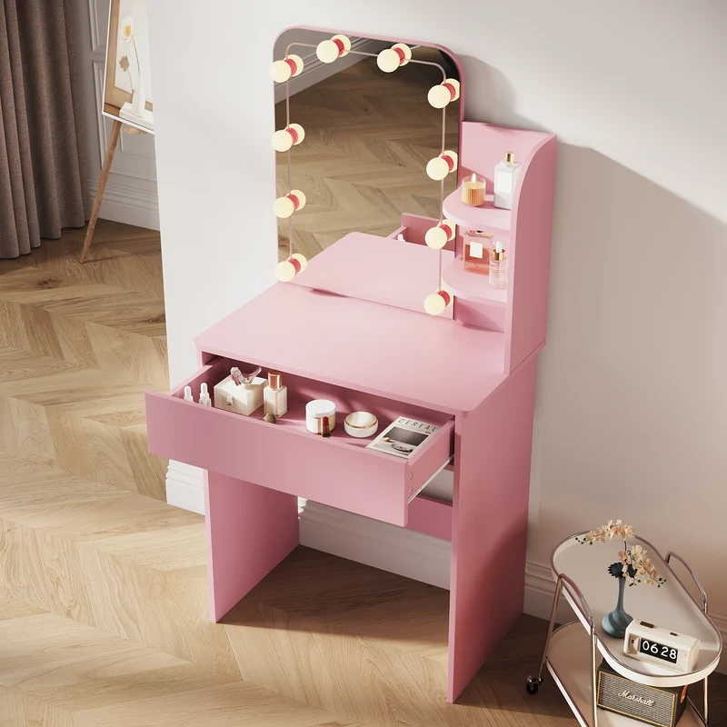 SIRHONA Coiffeuse avec Miroir, Table de maquillage avec 1 tiroir et 3 Compartiments Ouverts, Table de vanité, Style Moderne, poudré + 10 Ampoules LED (3 couleurs)
