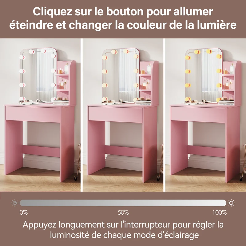 SIRHONA Coiffeuse avec Miroir, Table de maquillage avec 1 tiroir et 3 Compartiments Ouverts, Table de vanité, Style Moderne, poudré + 10 Ampoules LED (3 couleurs)