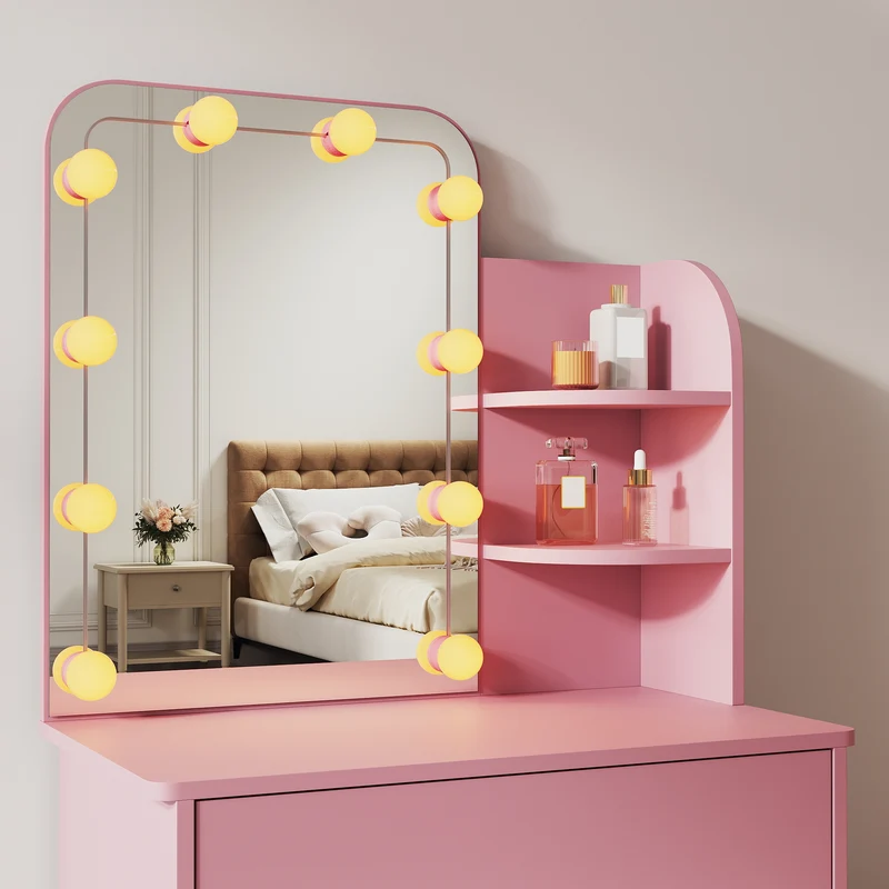 SIRHONA Coiffeuse avec Miroir, Table de maquillage avec 1 tiroir et 3 Compartiments Ouverts, Table de vanité, Style Moderne, poudré + 10 Ampoules LED (3 couleurs)