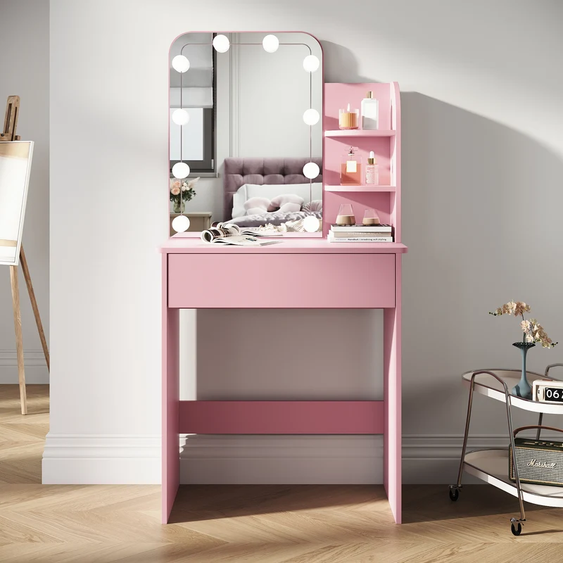 SIRHONA Coiffeuse avec Miroir, Table de maquillage avec 1 tiroir et 3 Compartiments Ouverts, Table de vanité, Style Moderne, poudré + 10 Ampoules LED (3 couleurs)