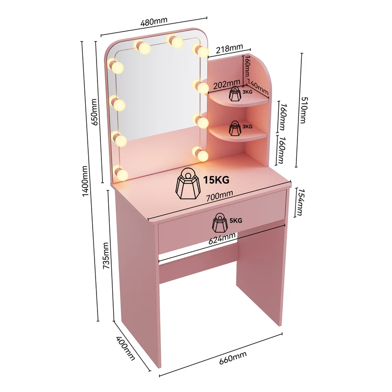 SIRHONA Coiffeuse avec Miroir, Table de maquillage avec 1 tiroir et 3 Compartiments Ouverts, Table de vanité, Style Moderne, poudré + 10 Ampoules LED (3 couleurs)