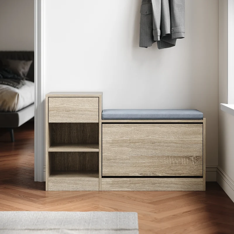 SIRHONA Banc à chaussures avec sièges, Deux compartiments ouverts, avec 1 abattant, avec tiroir, Petite armoire à chaussures 94.5x30x57cm