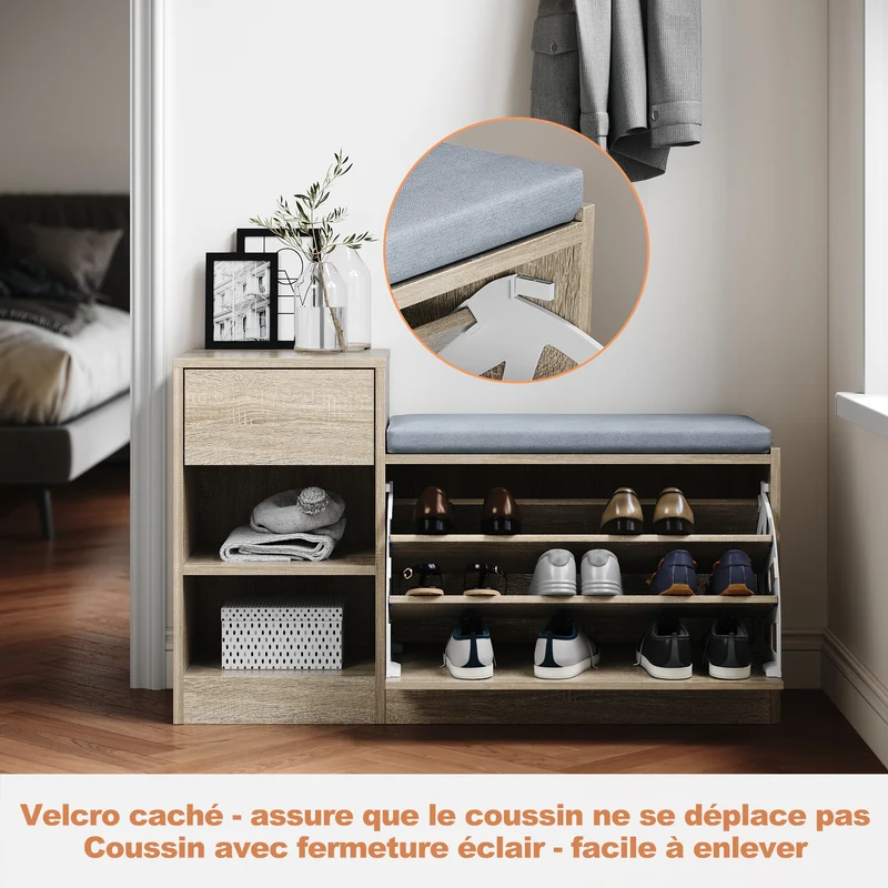 SIRHONA Banc à chaussures avec sièges, Deux compartiments ouverts, avec 1 abattant, avec tiroir, Petite armoire à chaussures 94.5x30x57cm