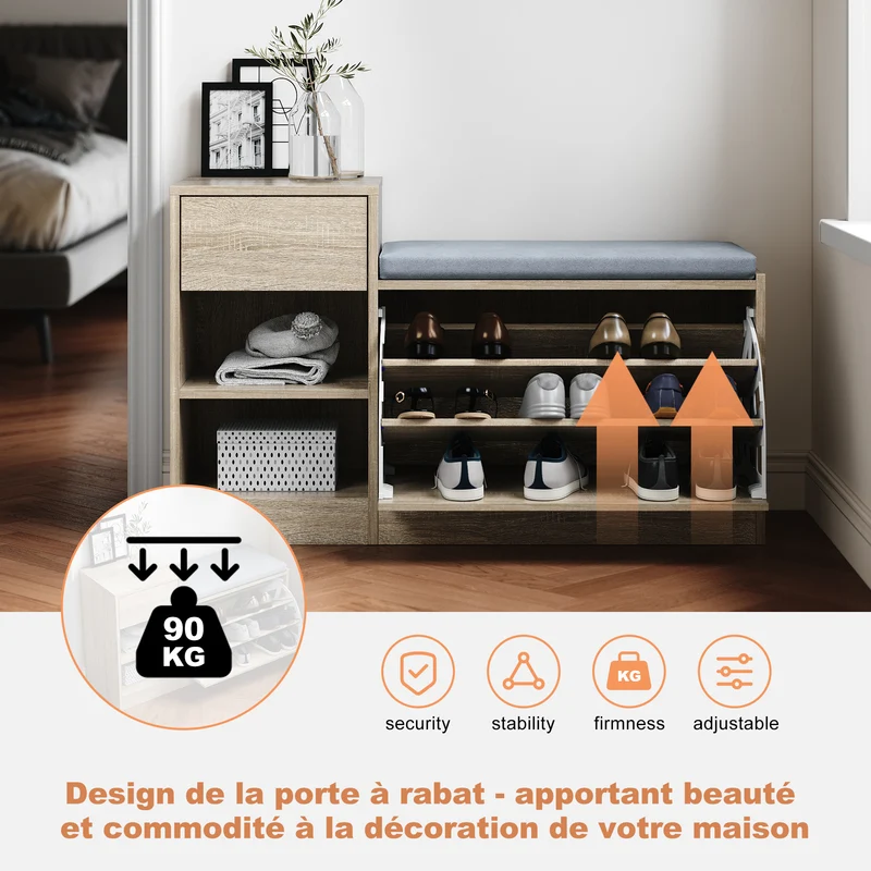 SIRHONA Banc à chaussures avec sièges, Deux compartiments ouverts, avec 1 abattant, avec tiroir, Petite armoire à chaussures 94.5x30x57cm