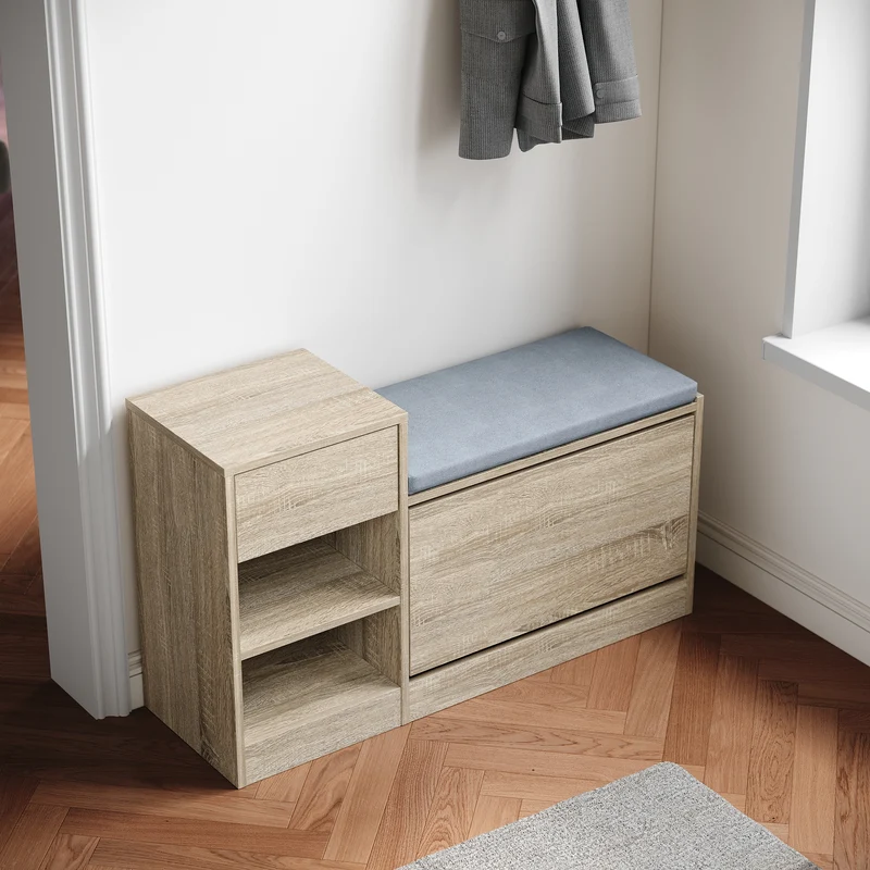 SIRHONA Banc à chaussures avec sièges, Deux compartiments ouverts, avec 1 abattant, avec tiroir, Petite armoire à chaussures 94.5x30x57cm