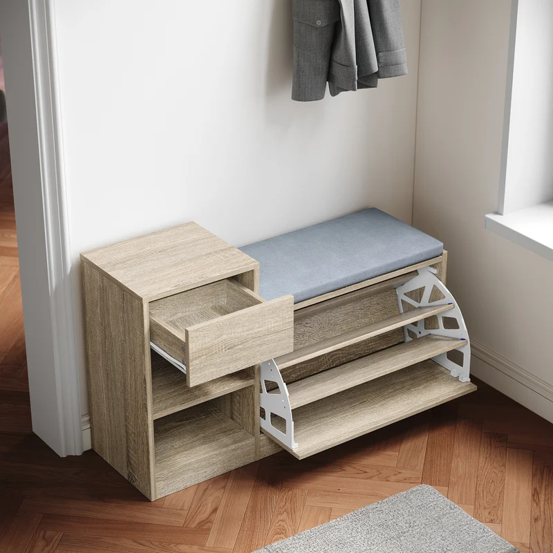 SIRHONA Banc à chaussures avec sièges, Deux compartiments ouverts, avec 1 abattant, avec tiroir, Petite armoire à chaussures 94.5x30x57cm