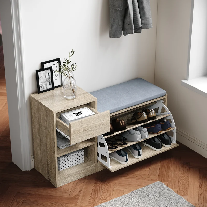 SIRHONA Banc à chaussures avec sièges, Deux compartiments ouverts, avec 1 abattant, avec tiroir, Petite armoire à chaussures 94.5x30x57cm