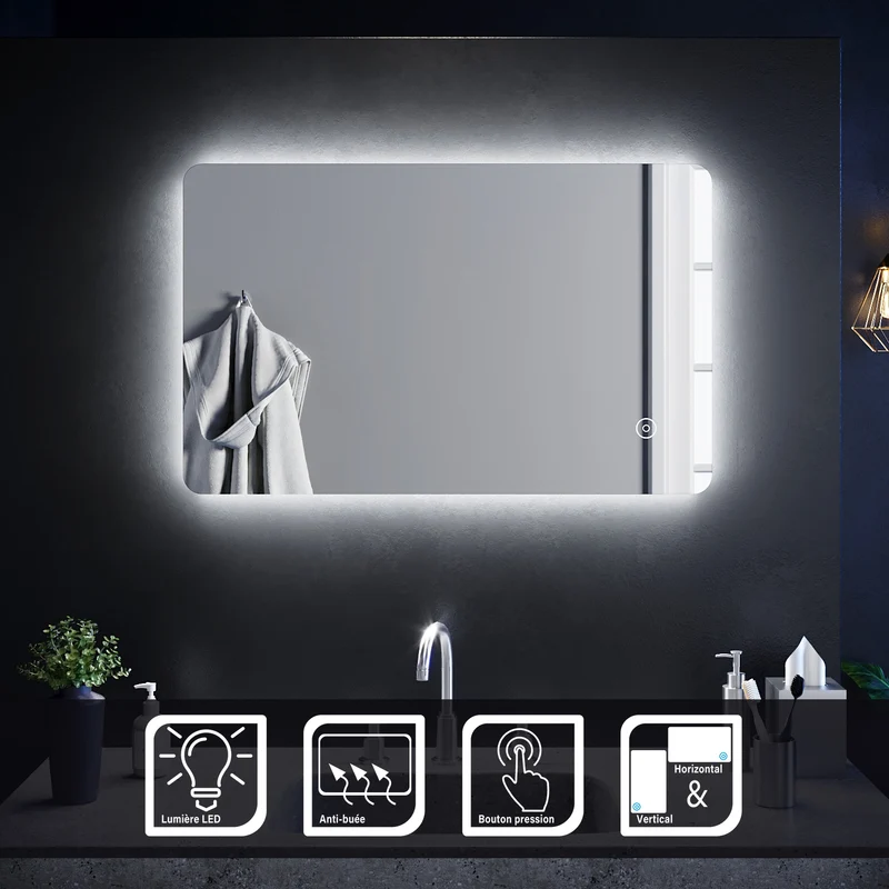 SIRHONA 80x50cm Miroir à LED Miroir de Salle de Bains avec éclairage Anti-buée Mirror Murale avec Interrupteur Tactile