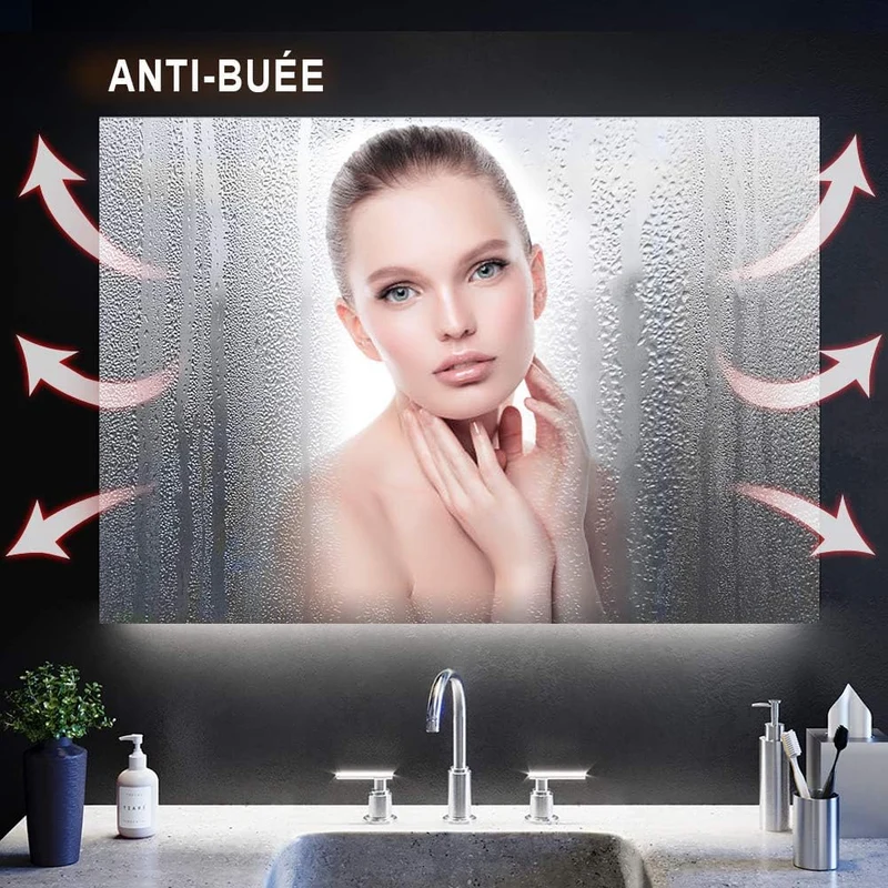 SIRHONA 80x50cm Miroir à LED Miroir de Salle de Bains avec éclairage Anti-buée Mirror Murale avec Interrupteur Tactile