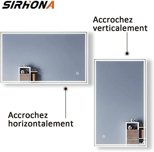 SIRHONA 80x50cm Miroir à LED Miroir de Salle de Bains avec éclairage Anti-buée Mirror Murale avec Interrupteur Tactile